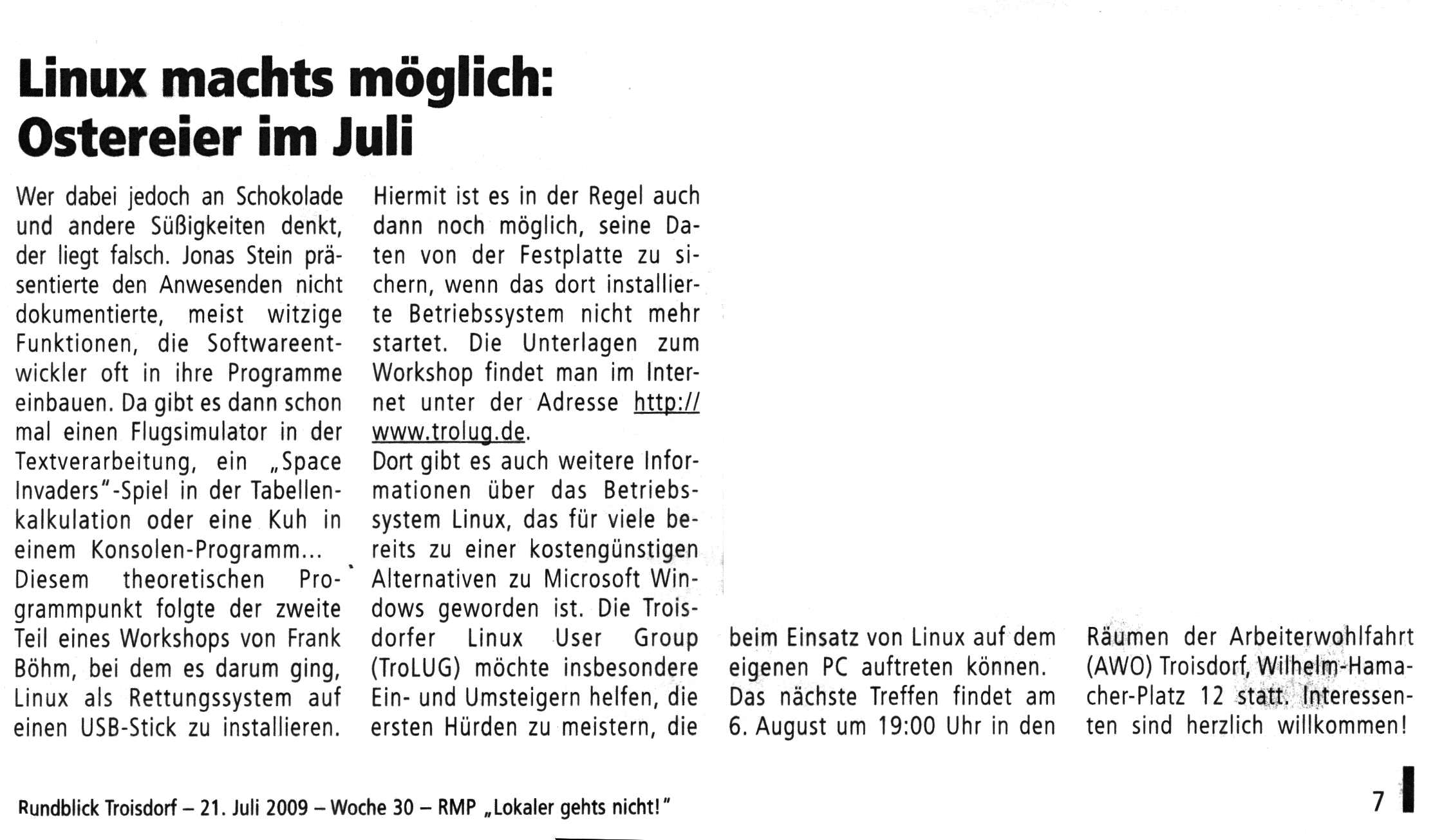 Scan vom Artikel &ldquo;Linux machts möglich: Ostereier im Juli&rdquo; von 2009